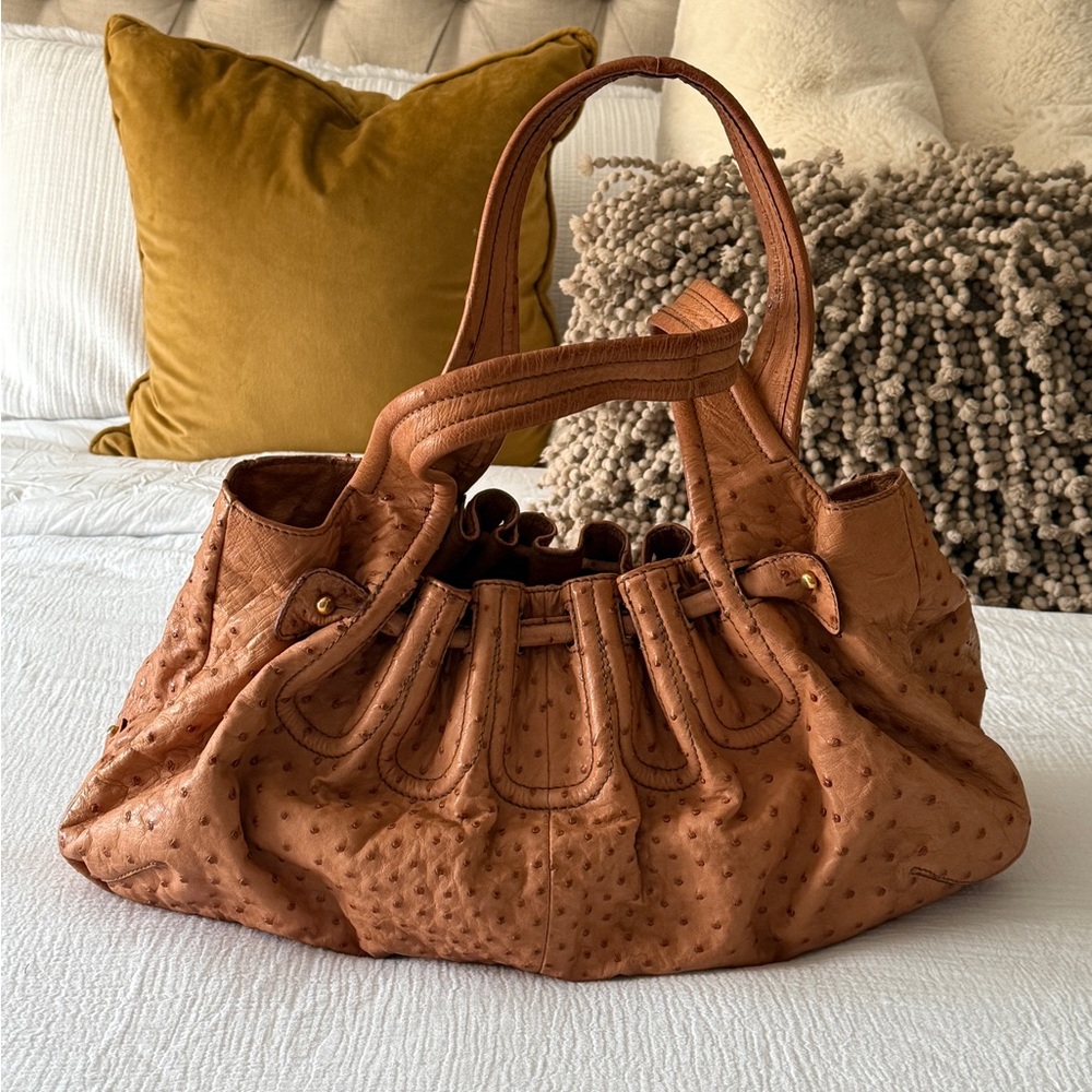 RARE! $9k+ Sergio Rossi Ostrich Skin Leather Natural Camel Color Handbag Purse
